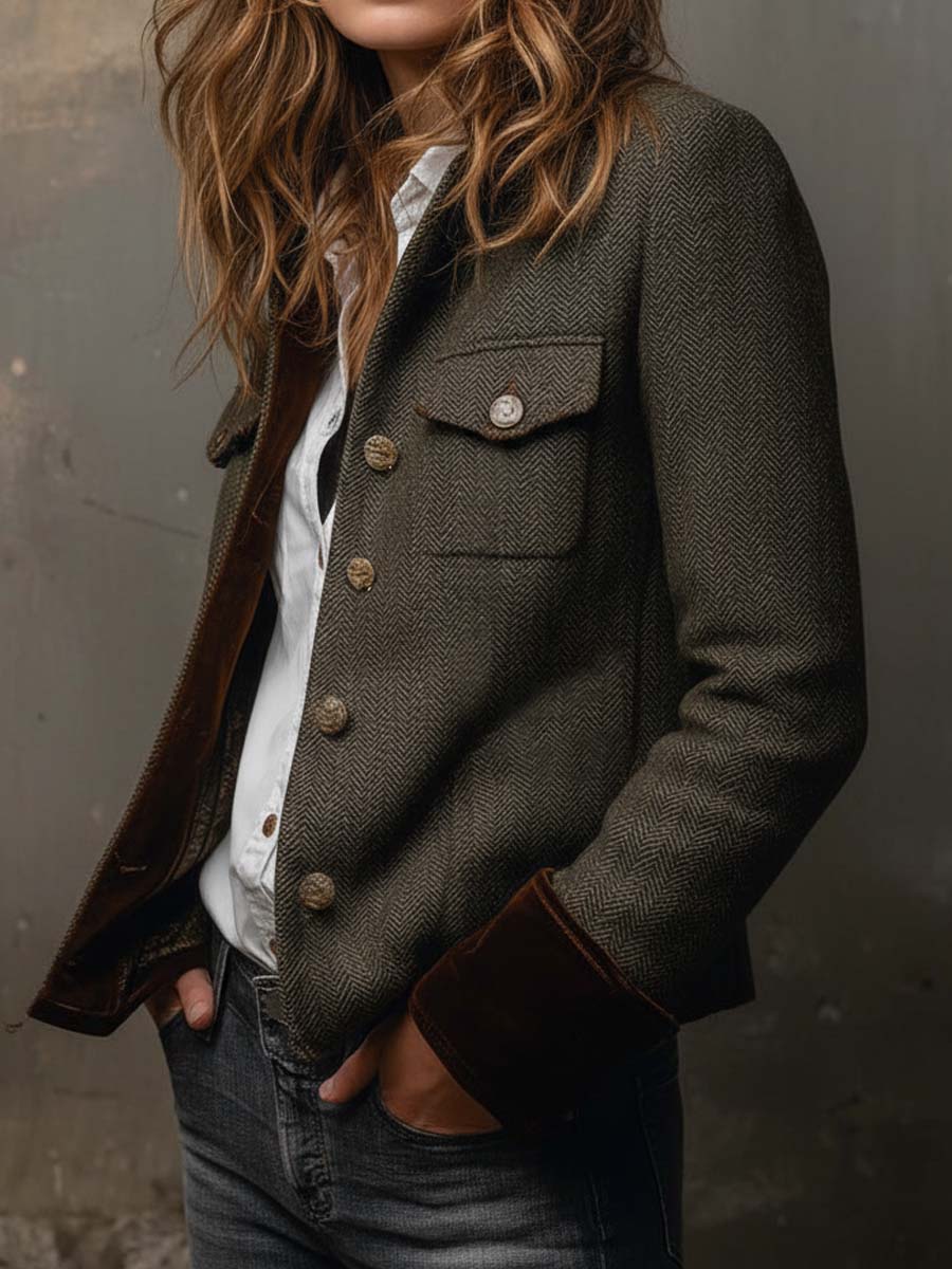 Clara | Blazer Vintage Chevrons à Liserés Contrastants